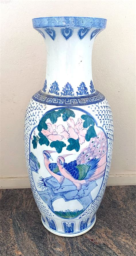 Lot - A Vintage Chinese Floor Vase with Peacock, Bird & Koi Motifs ...