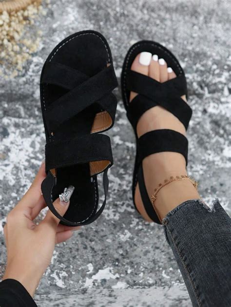 Women's Casual Fashion Flat Sandals, Elastic Crossing Straps Walkable ...