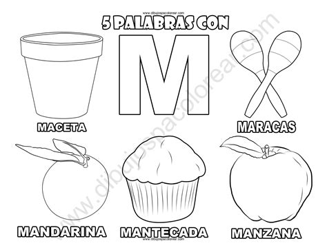 Cinco Palabras con la letra M dibujo a color y para colorear