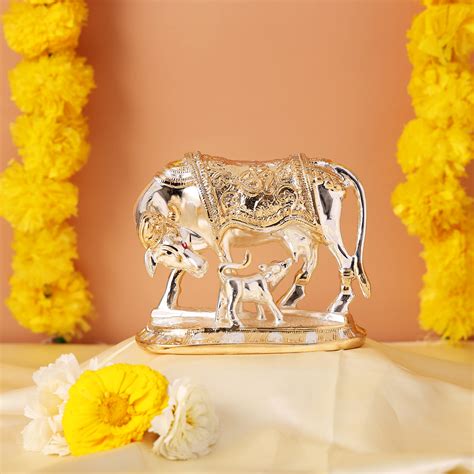 Vastu Kamdhenu Cow with Calf Idol Gold and Silver Plated Statue – Veda ...