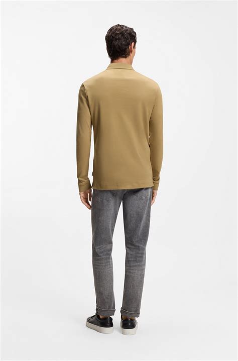 BOSS - Long-sleeved polo shirt in interlock cotton with logo - Beige