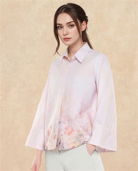 Rareism Women Loko Pink Bell Sleeves Collared Neck Button Closure Flor