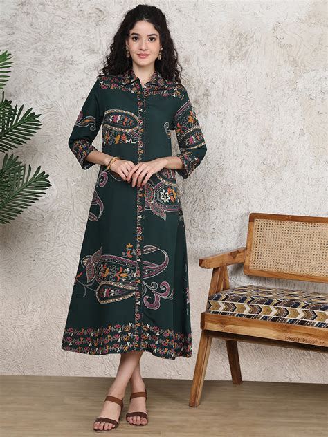Dresses for Women - Green Cotton Floral Style | Claura