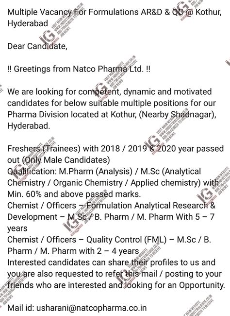 Natco Pharma Hyderabad jobs for Quality Control Analytical R&D apply now