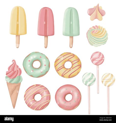 Set of ice cream, donuts and lollipops. Sweets. Hand-drawn illustration ...