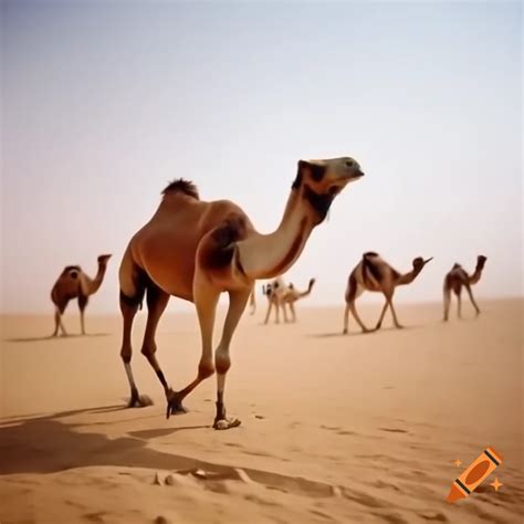 Camels walking in a vast desert landscape on Craiyon