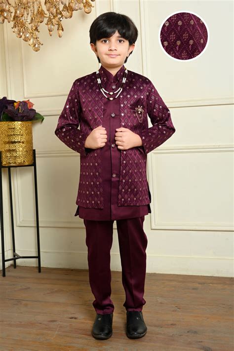 Boys Satin Geometric Embroidered Sequined Sherwani Shrug & Trousers Se ...