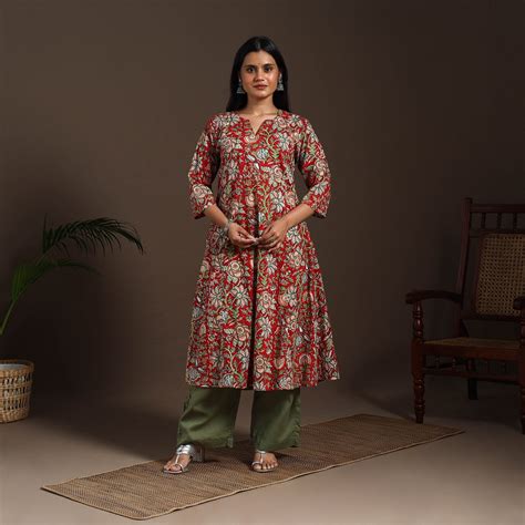 Red Block Print Cotton A-Line Sanganeri Long Kurta