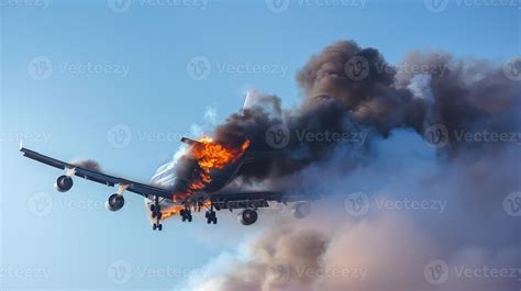 Airplane with engine on fire during flight. Aircraft experiencing ...