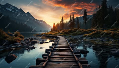 Tranquil scene sunset over mountain range reflects on water generated ...