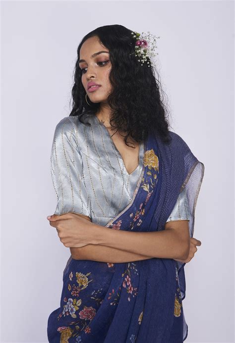 V Neck Satin Blouse Pale Blue with Gold Dots