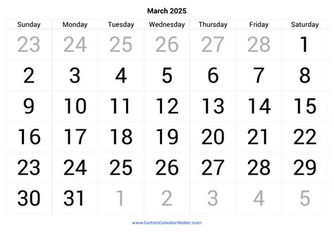 March 2025 Calendar Printable With Large Numbers | Custom Calendar Maker