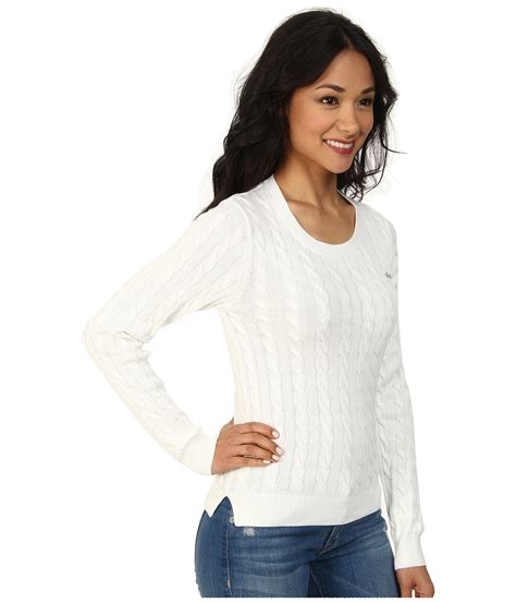 Lacoste Long Sleeve Cotton Cable Knit Sweater in White | Lyst
