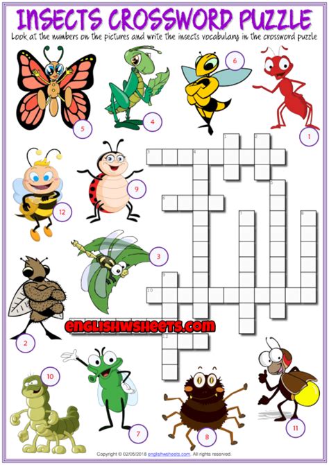 Insects ESL Printable Crossword Puzzle Worksheet for Kids