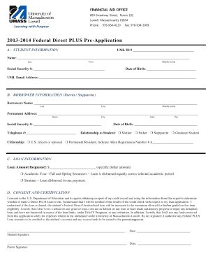 Fillable Online uml 2014 Federal Direct Parent Plus Pre-Application ...