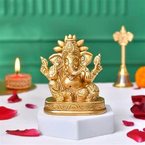Buy Laya 100% Pure Brass Ganesha Idol | Small Sitting Ganesha Idol for ...