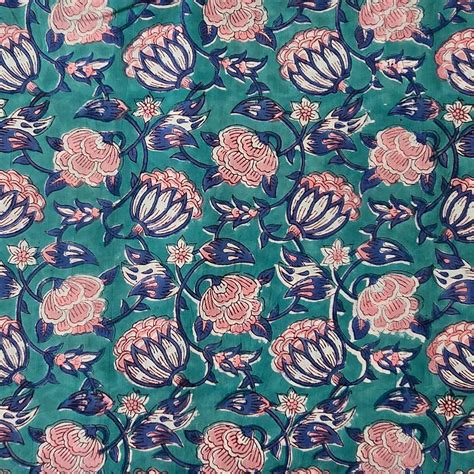 Pure Cotton Jaipuri Teal Blue With Blue And Pink Hand Block Print Fabr ...
