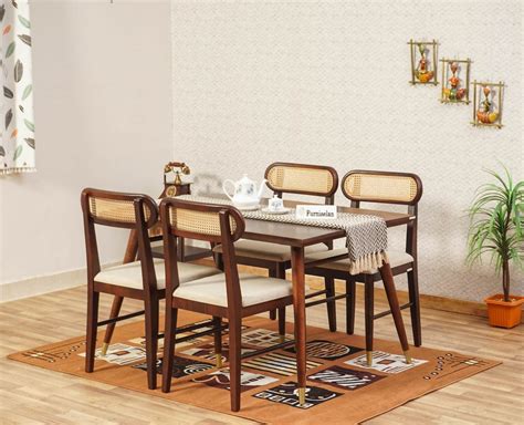Boston Solid Wood Rattan Cane Dining Table Four Seater Set