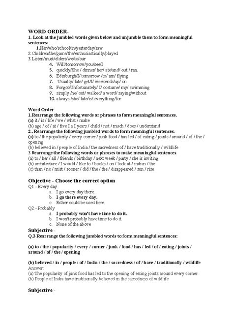 WORD Order CBQ: Jumbled Sentences & Rearrangement Exercises - Studocu