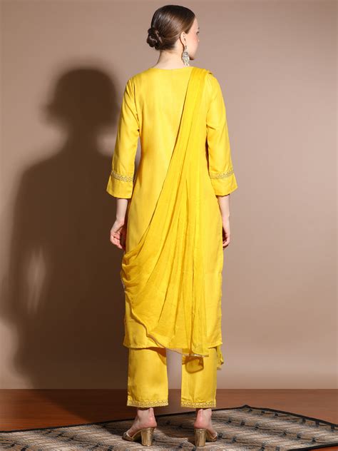 Shop Yellow Embroidered Cotton Blend Kurta Set With Dupatta - Jaipur Kurti