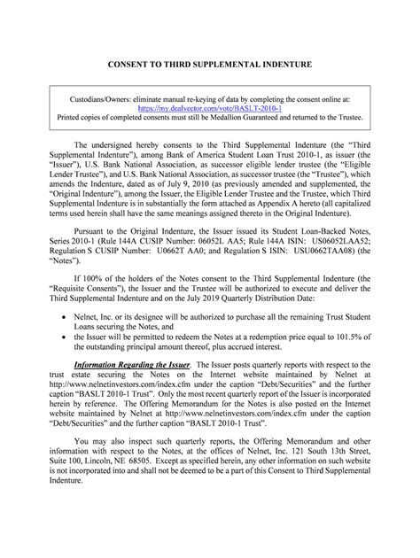 Fillable Online Nelnet BASLT 2010-1 Form of Consent for Early ...