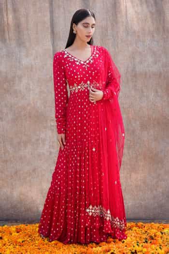 Buy Pink Net, Georgette, Shantoon Mirror, Nakshi V Neck Tiered Anarkali ...