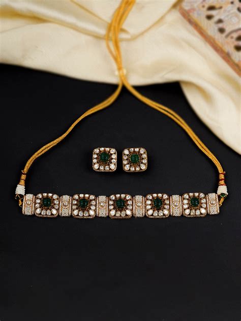 Green Color Gold Plated Moissanite Necklace Set - MO-S78GR – Mortantra