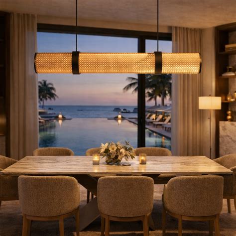 Handwoven Cane Linear Pendant Lamp | Natural Rattan Hanging Light for ...