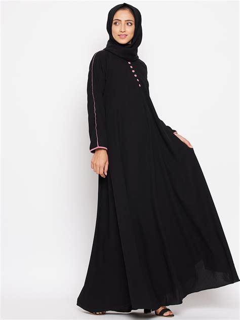 Nabia Women Black Solid Abaya with Georgette Scarf