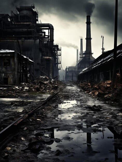 A dirty city street with a train track in the middle of it | Premium AI ...