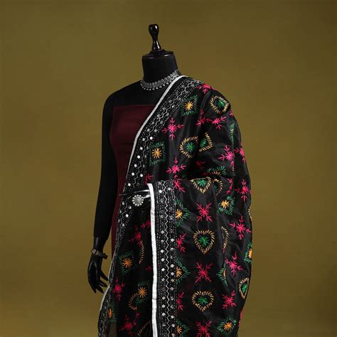 Black Ranihati Chapa Work Chanderi Silk Hand Embroidery Dupatta
