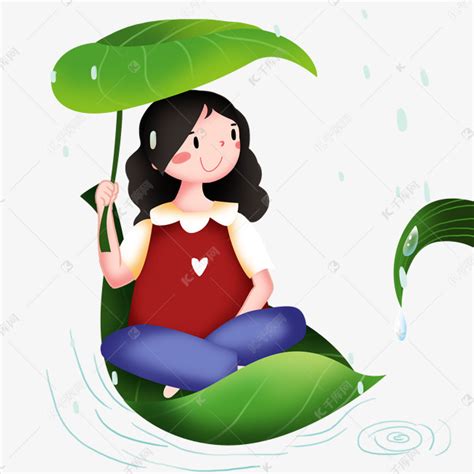 谷雨划叶子船小女孩素材图片免费下载-千库网