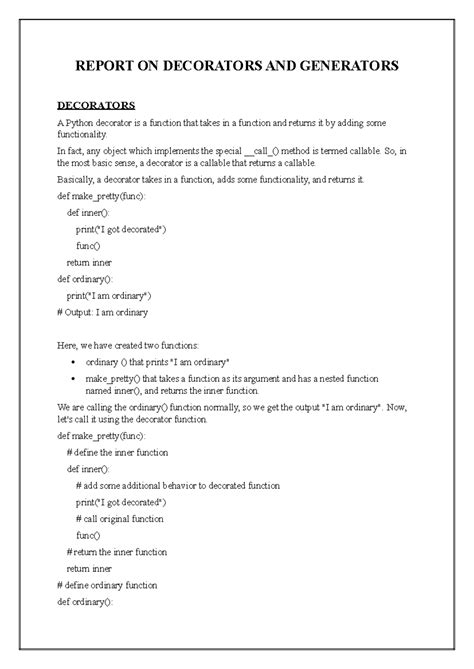Report ON Decorators AND Generators - REPORT ON DECORATORS AND ...