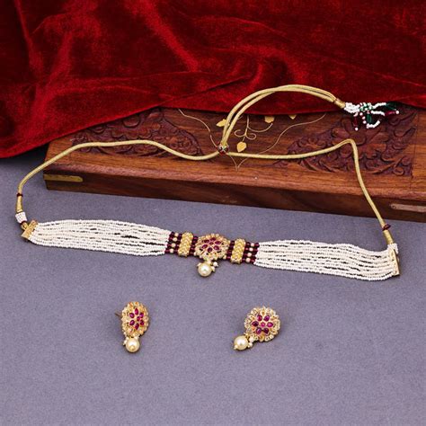Sukkhi Pink Gold Plated Kundan & Pearl Choker Necklace Set For Women ...