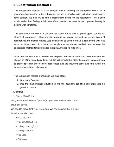 design and analysis algorithm - 1 2 Method :- The substitution method ...
