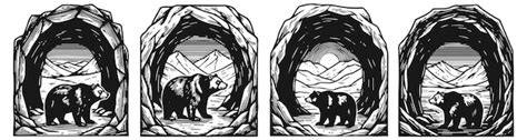 Wild bears inside rocky cave entrances with mountain landscape views in ...