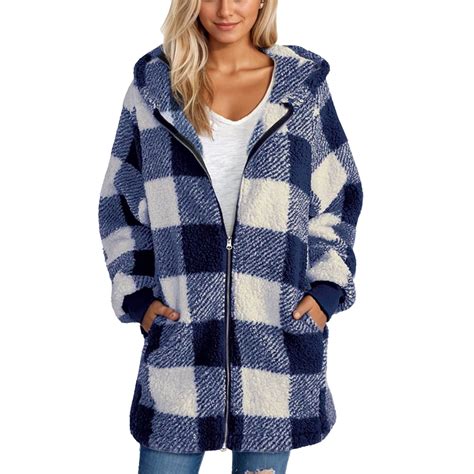 TQWQT Plaid Jackets for Women Christmas Long Plaid Fleece Lined Jacket ...