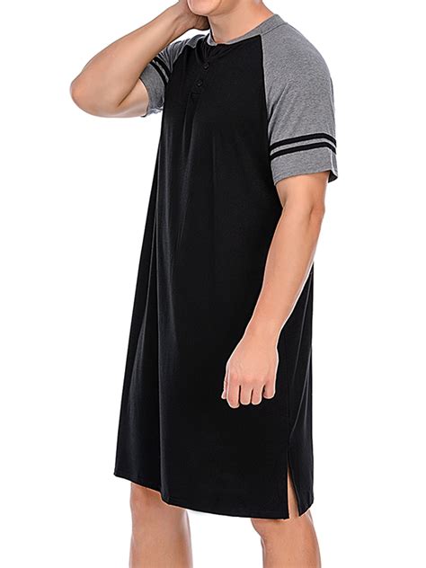 Mens Sleep Shirt Long Sleepwear Raglan Sleeve Nightshirt Patchwork ...