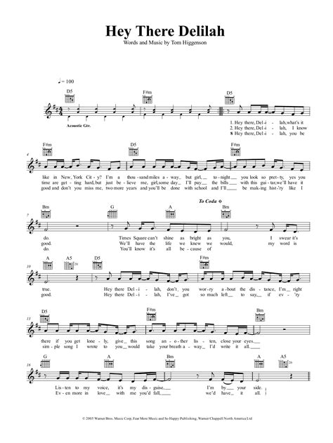 Download Hey There Delilah - Plain White T's | Baritone Ukulele Sheet ...
