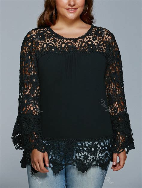 Black 2xl Lace Spliced Hollow Out Plus Size Blouse | RoseGal.com