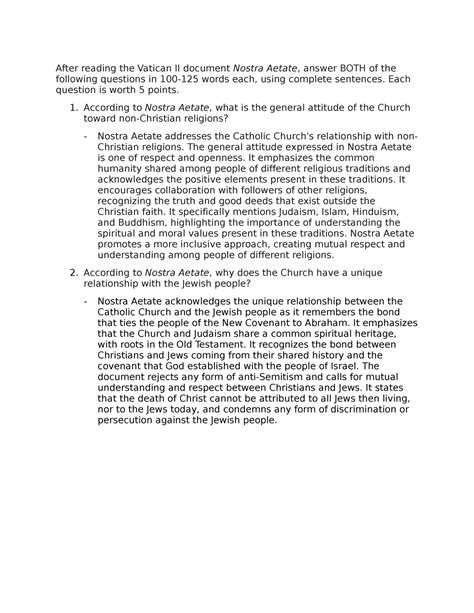 Week 14 Short Answers - After reading the Vatican II document Nostra ...