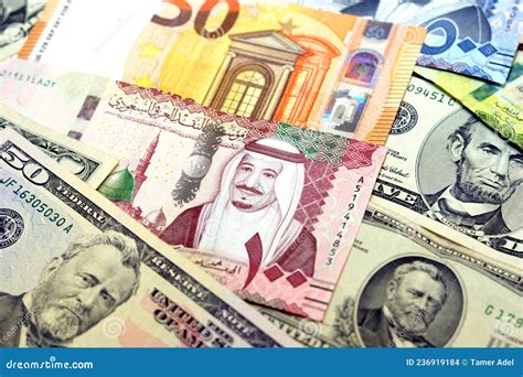 Collection of Money Banknotes from Different Countries, Saudi Riyals with Euros and American ...