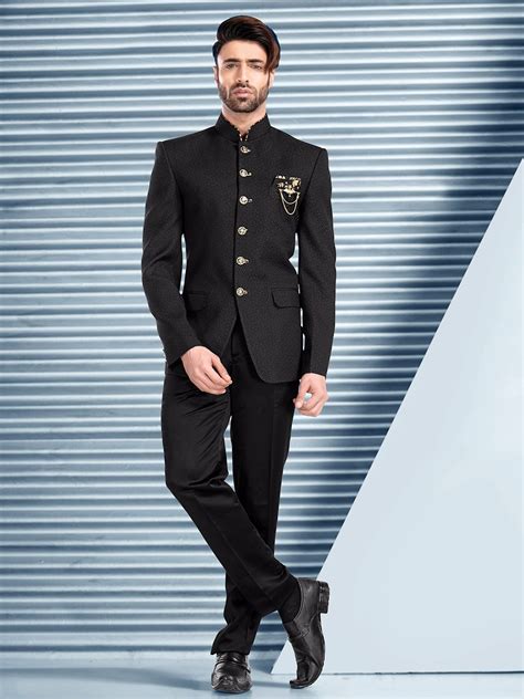 Printed Black Wedding Terry Rayon Jodhpuri Suit | Wedding suits men ...