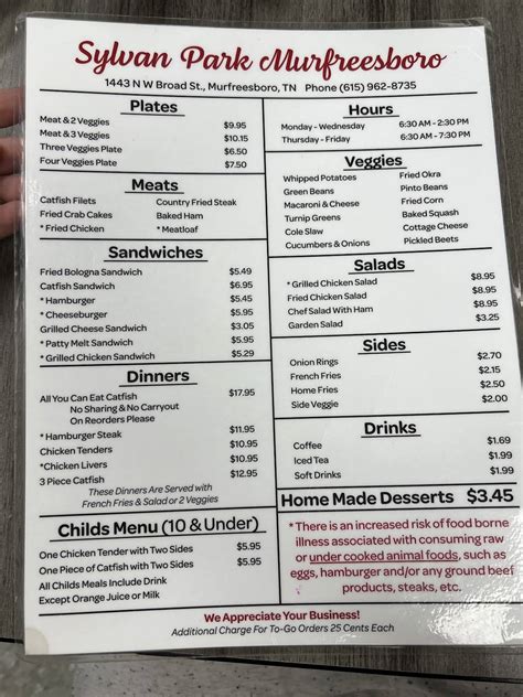 Menu at Sylvan Park Restaurant, Murfreesboro