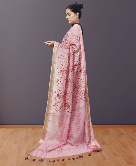 Pink Embroidered Silk Linen Saree || Peepal Clothing