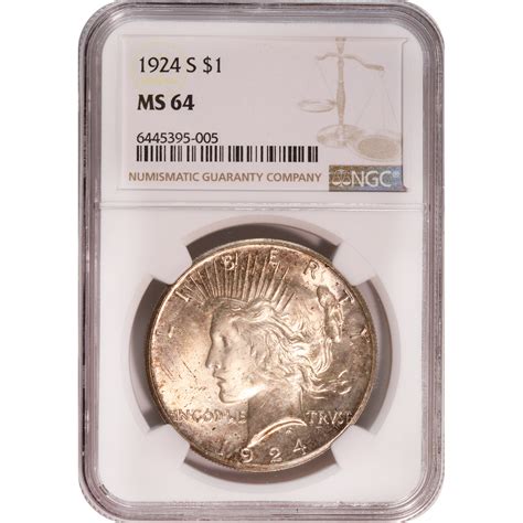 Certified Peace Silver Dollar 1924-S MS64 NGC Toned - Golden Eagle Coins