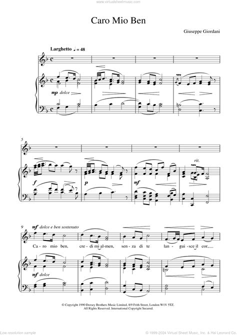 Caro Mio Ben sheet music for voice and piano (PDF-interactive)