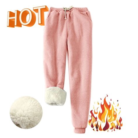 Pink Fleece Lined Joggers Women Sherpa Warm Fleece Leggings Fuzzy Fur ...