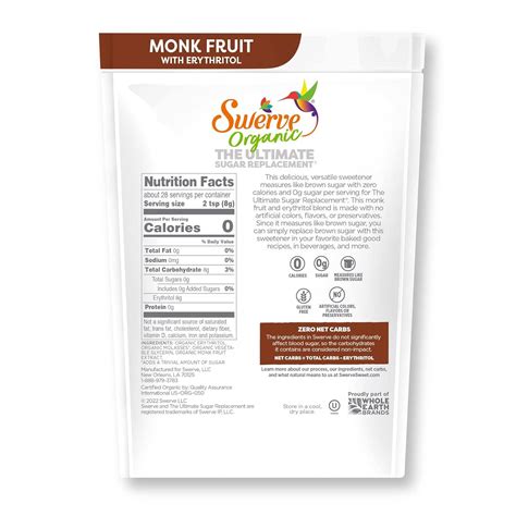 Swerve Organic Monk Fruit Brown Sugar Replacement Sweetener 8oz (2 Pack ...
