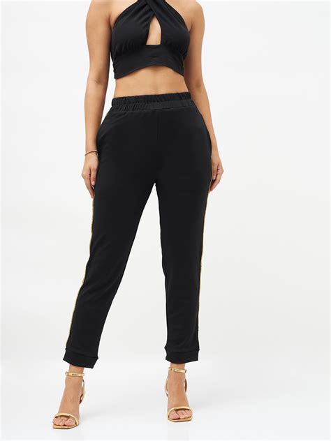 Women Black Side Tape Detail Jogger Pants